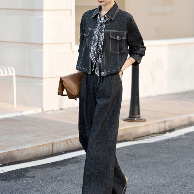 デニムセットアップ 大人上品ワイドパンツデニムジャケット二点セット