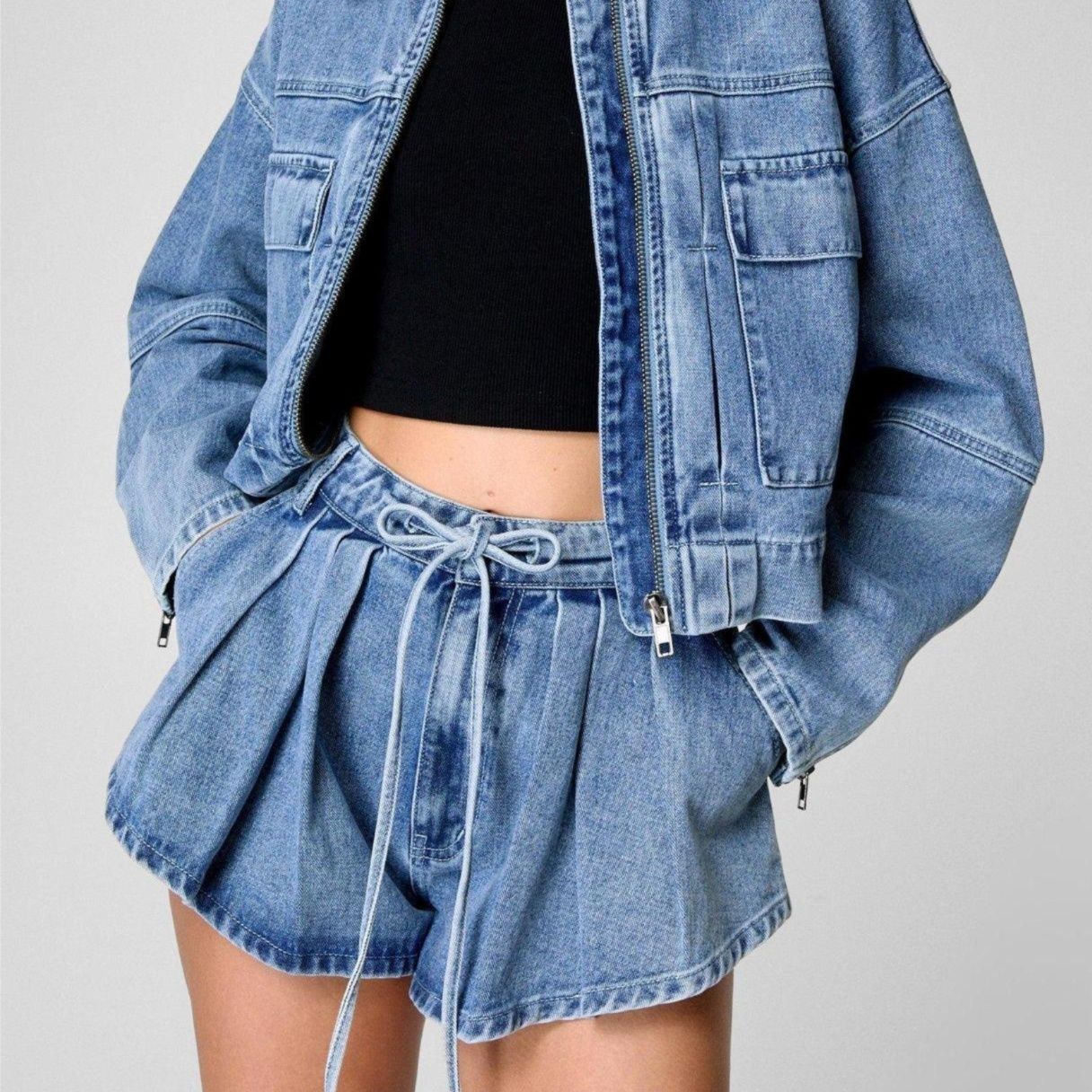 デニムセットアップ ゆったりシルエット ジッパー式ジージャン ショートパンツセット