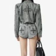 デニムセットアップ ヴィンテージ風ダメージ加工デニムジャケット短パン上下組