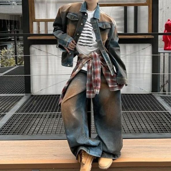 デニムセットアップ ゆったりシルエット上下セット二色使いデニム