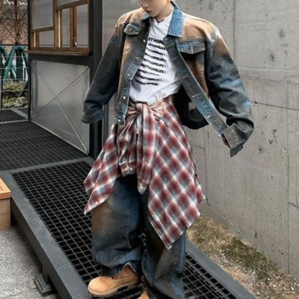 デニムセットアップ ゆったりシルエット上下セット二色使いデニム