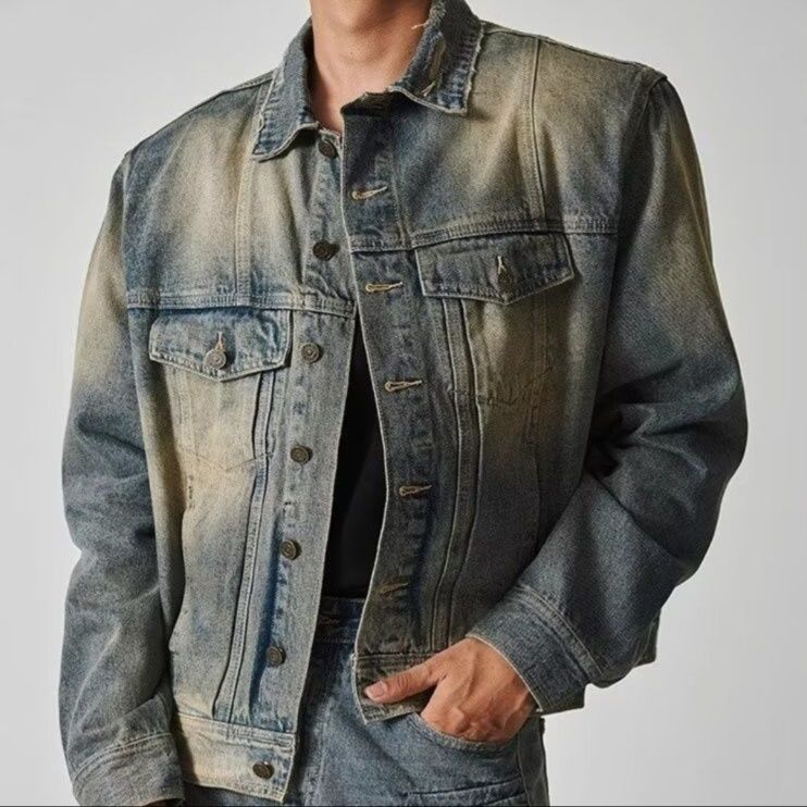 デニムセットアップ ヴィンテージ風ウォッシュ加工デニム上下セット