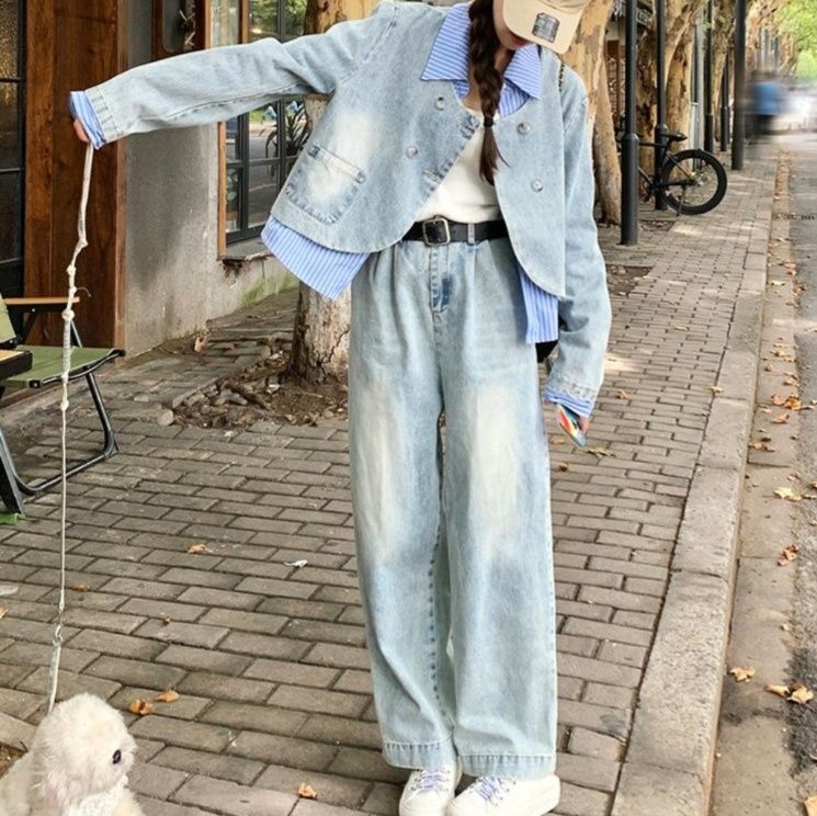 デニムセットアップ ダブルボタンデニムジャケットパンツセット