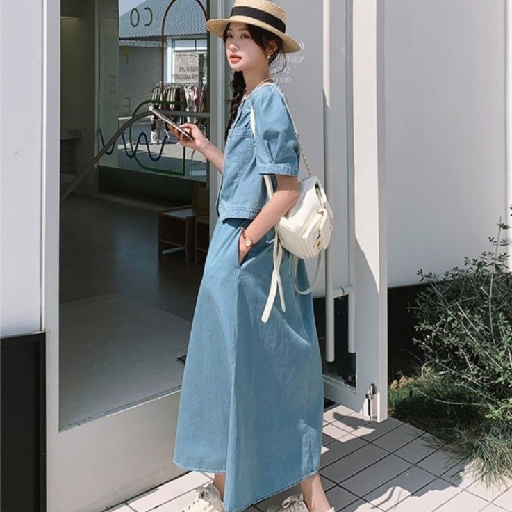 デニムセットアップ パフスリーブデニムジャケット&ロングスカートセット