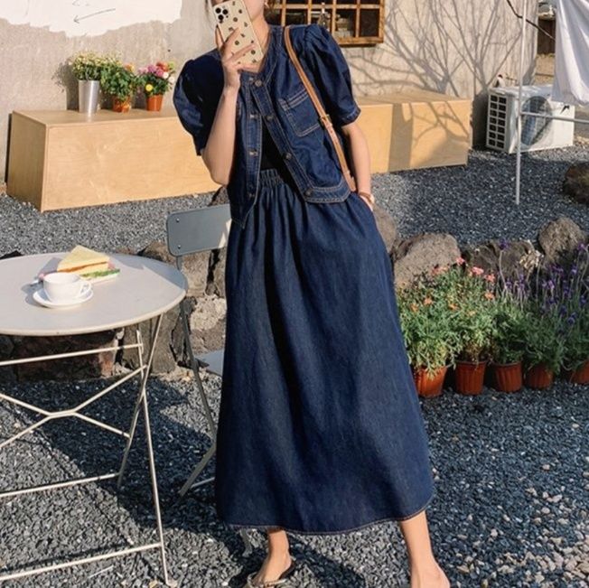 デニムセットアップ パフスリーブデニムジャケット&ロングスカートセット