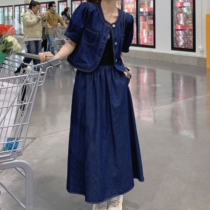 デニムセットアップ パフスリーブ付きデニム上下セット