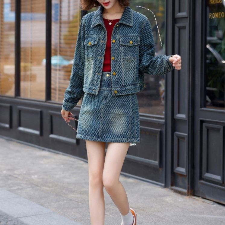 デニムセットアップ 小柄総柄デニムジャケット台形ミニスカート上下セット