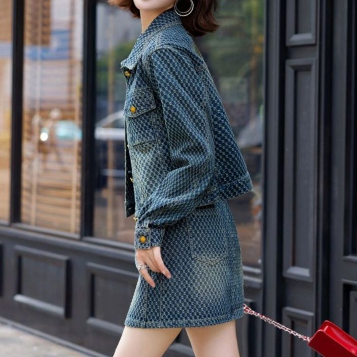 デニムセットアップ 小柄総柄デニムジャケット台形ミニスカート上下セット