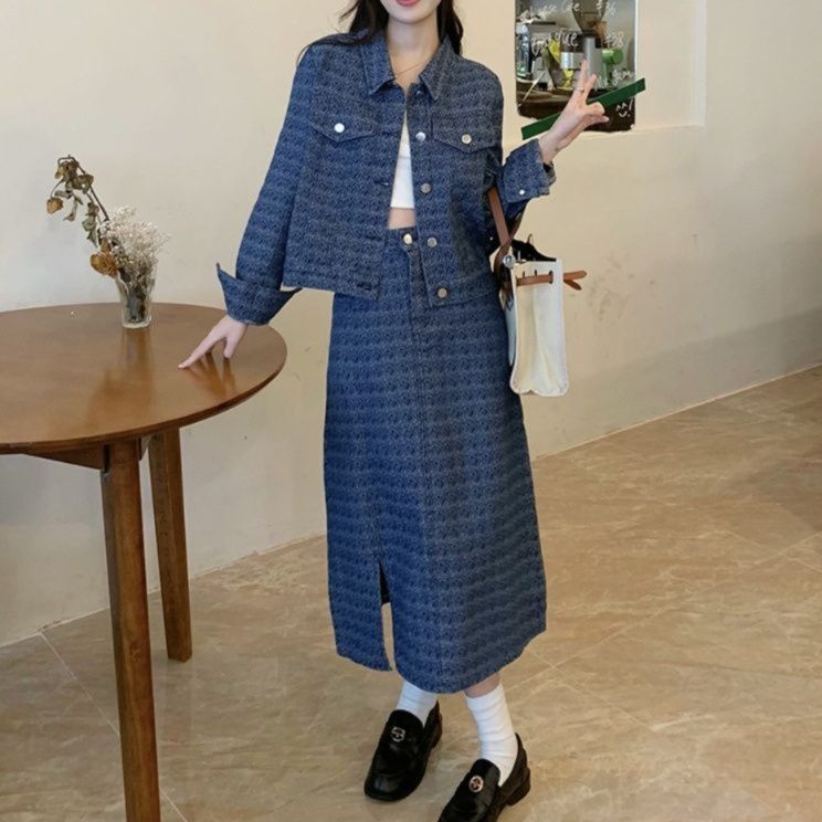 デニムセットアップ 幾何学模様ジャケット＆タイトスカート上下セット