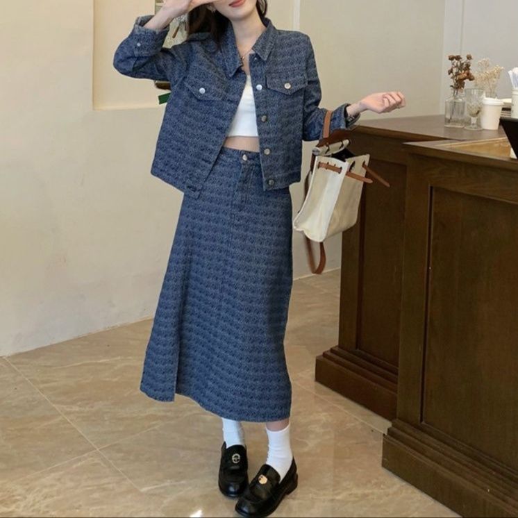 デニムセットアップ 幾何学模様ジャケット＆タイトスカート上下セット