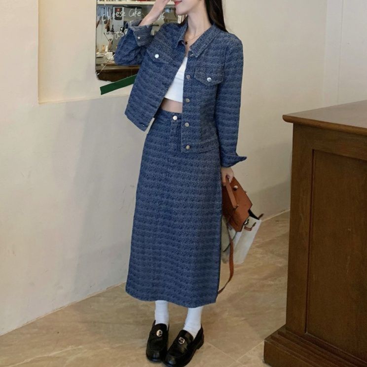 デニムセットアップ 幾何学模様ジャケット＆タイトスカート上下セット