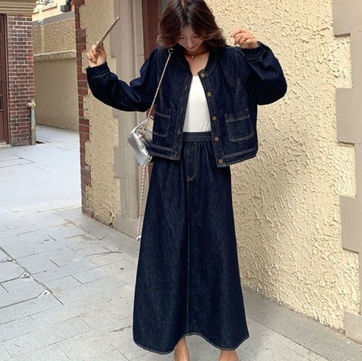 デニムセットアップ ノーカラージャケット＆ロングスカート