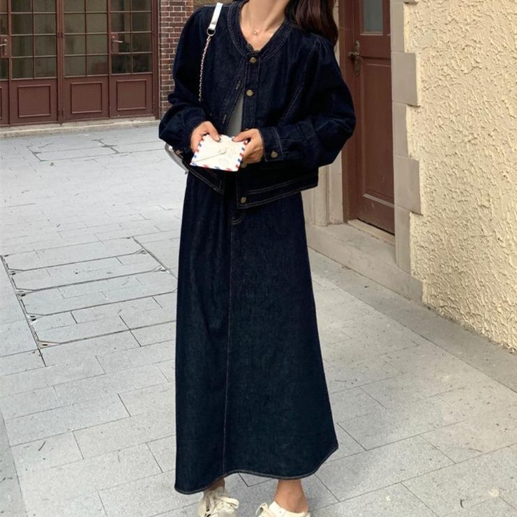 デニムセットアップ ノーカラージャケット＆ロングスカート