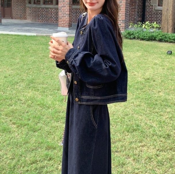 デニムセットアップ ノーカラージャケット＆ロングスカート