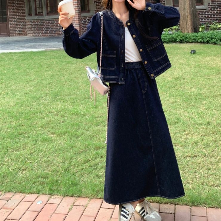 デニムセットアップ ノーカラージャケット＆ロングスカート