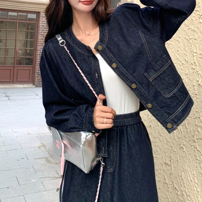 デニムセットアップ ノーカラージャケット＆ロングスカート