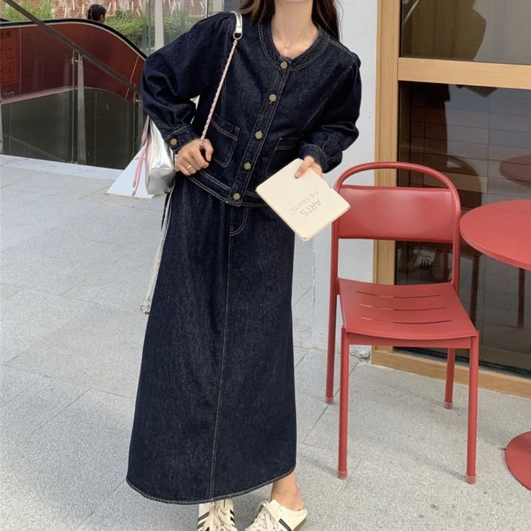 デニムセットアップ ノーカラージャケット＆ロングスカート