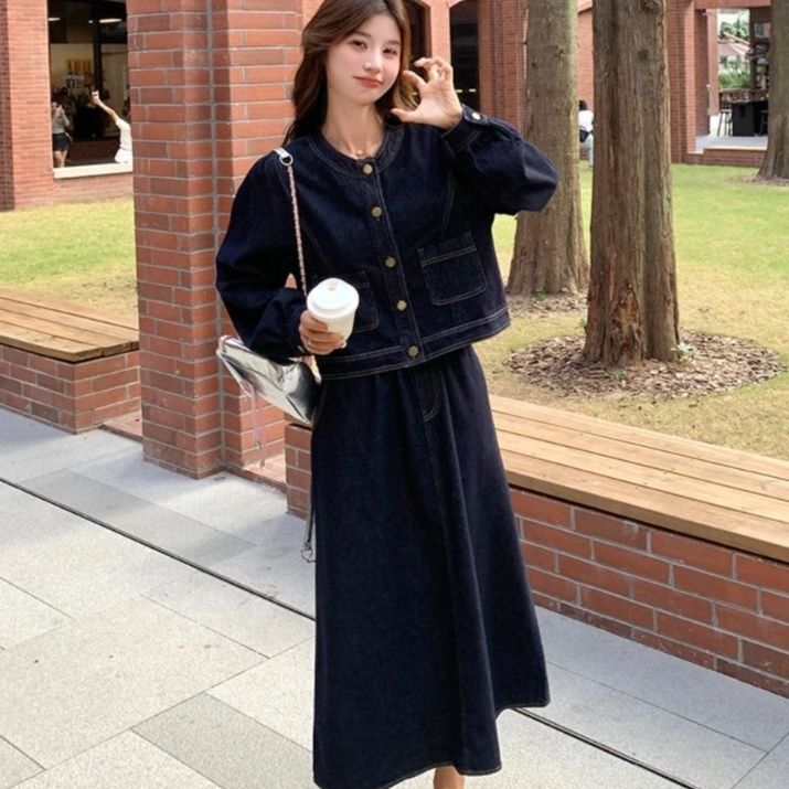 デニムセットアップ ノーカラージャケット＆ロングスカート