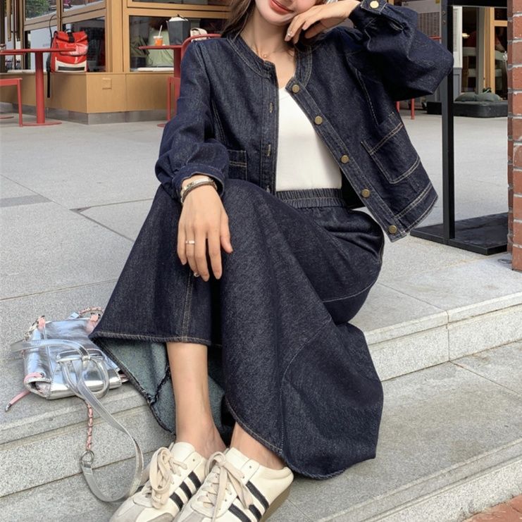 デニムセットアップ ノーカラージャケット＆ロングスカート