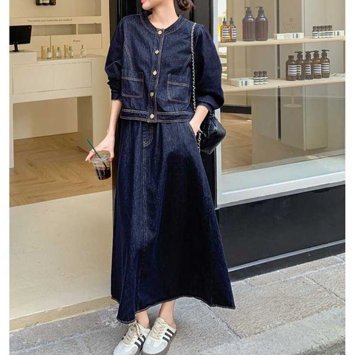 デニムセットアップ カジュアル優美ロングスカートセット