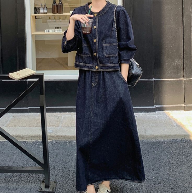 デニムセットアップ カジュアル優美ロングスカートセット