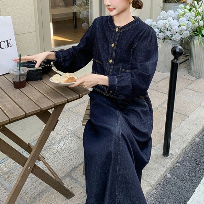 デニムセットアップ カジュアル優美ロングスカートセット