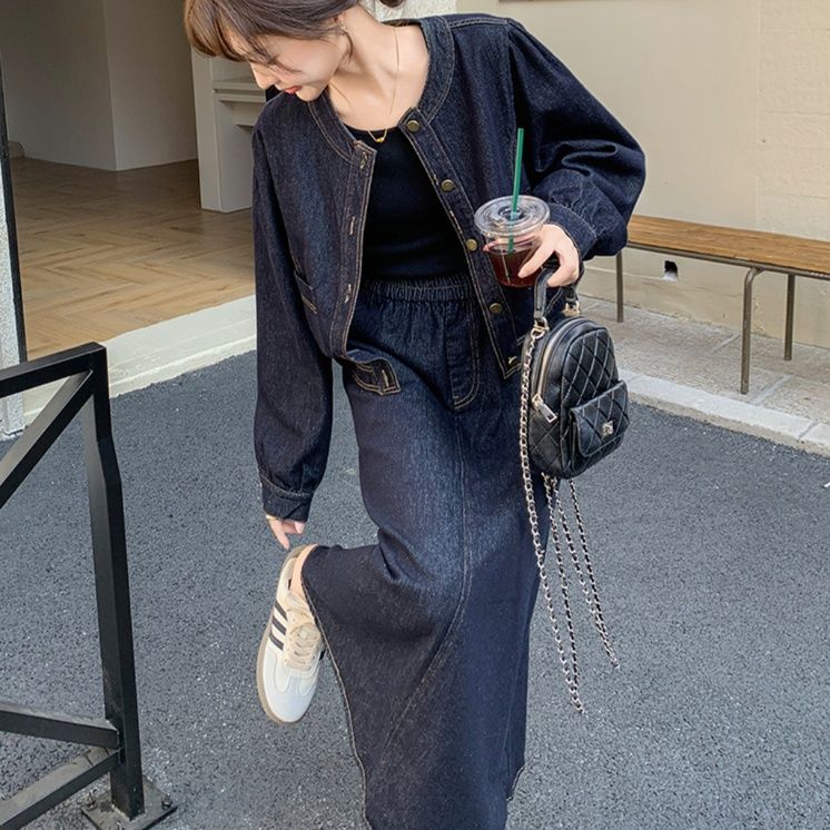 デニムセットアップ カジュアル優美ロングスカートセット