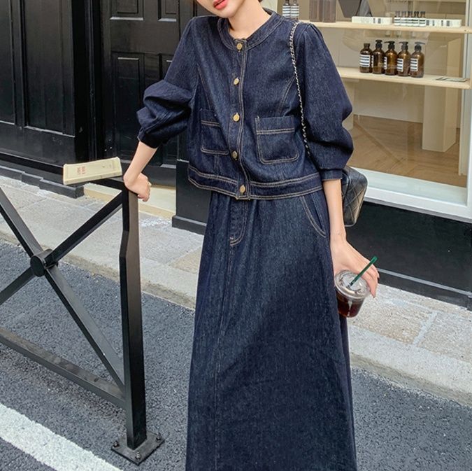 デニムセットアップ カジュアル優美ロングスカートセット