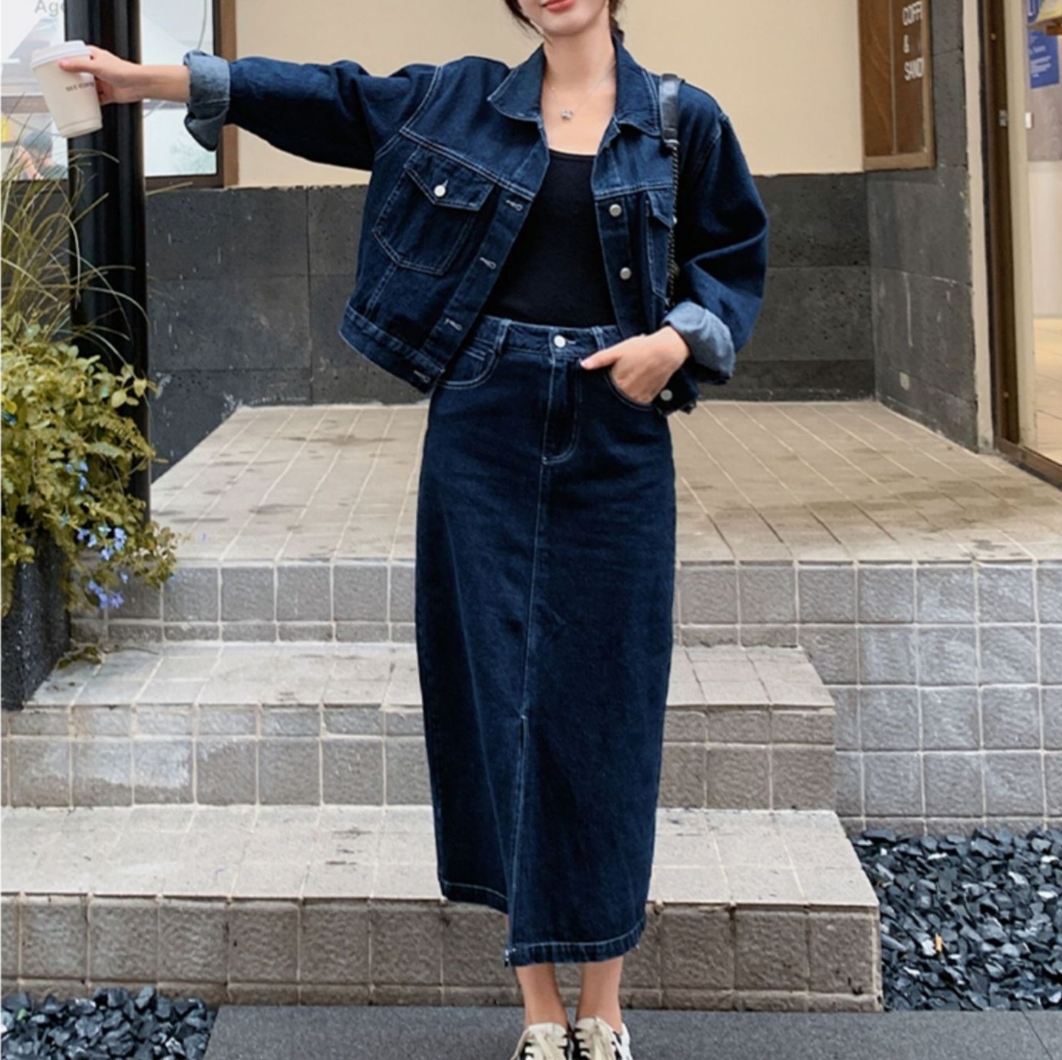 デニムセットアップ こなれ感ジャケット×ロングスカート