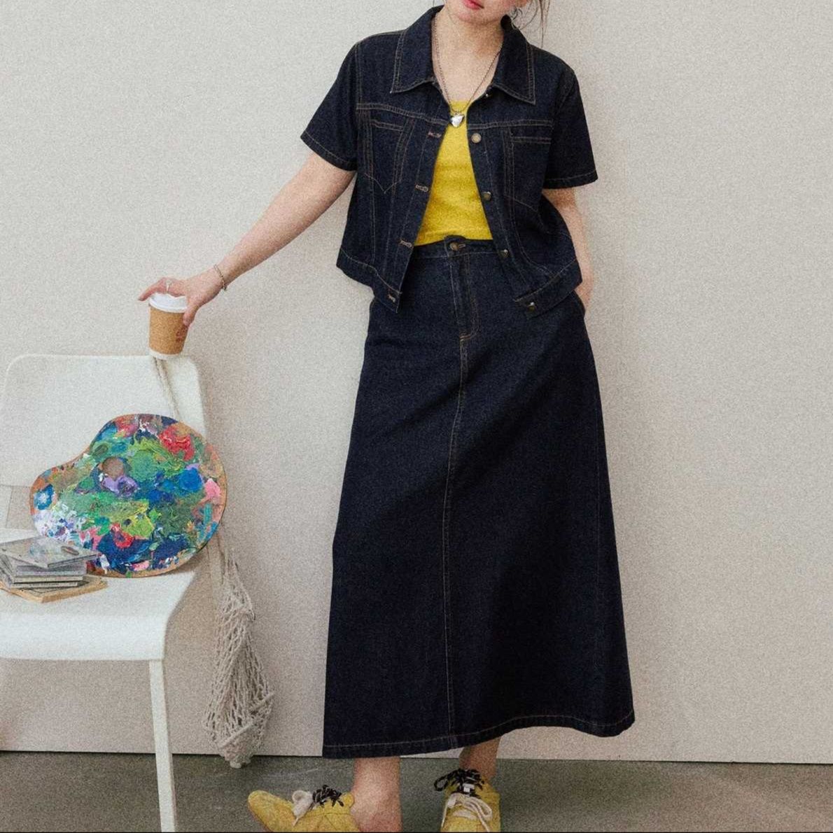 デニムセットアップ 半袖ジャケット×ロングスカート