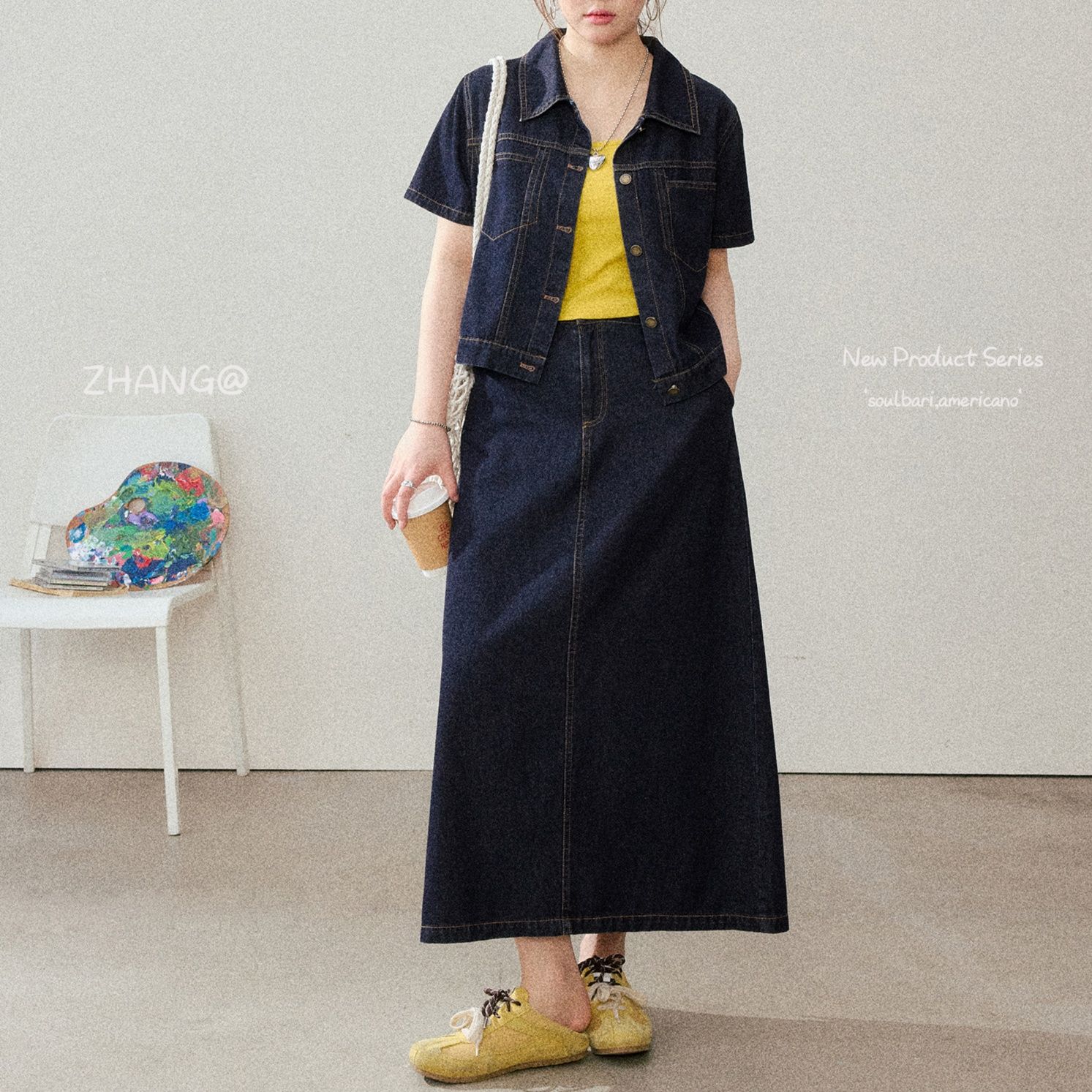 デニムセットアップ 半袖ジャケット×ロングスカート