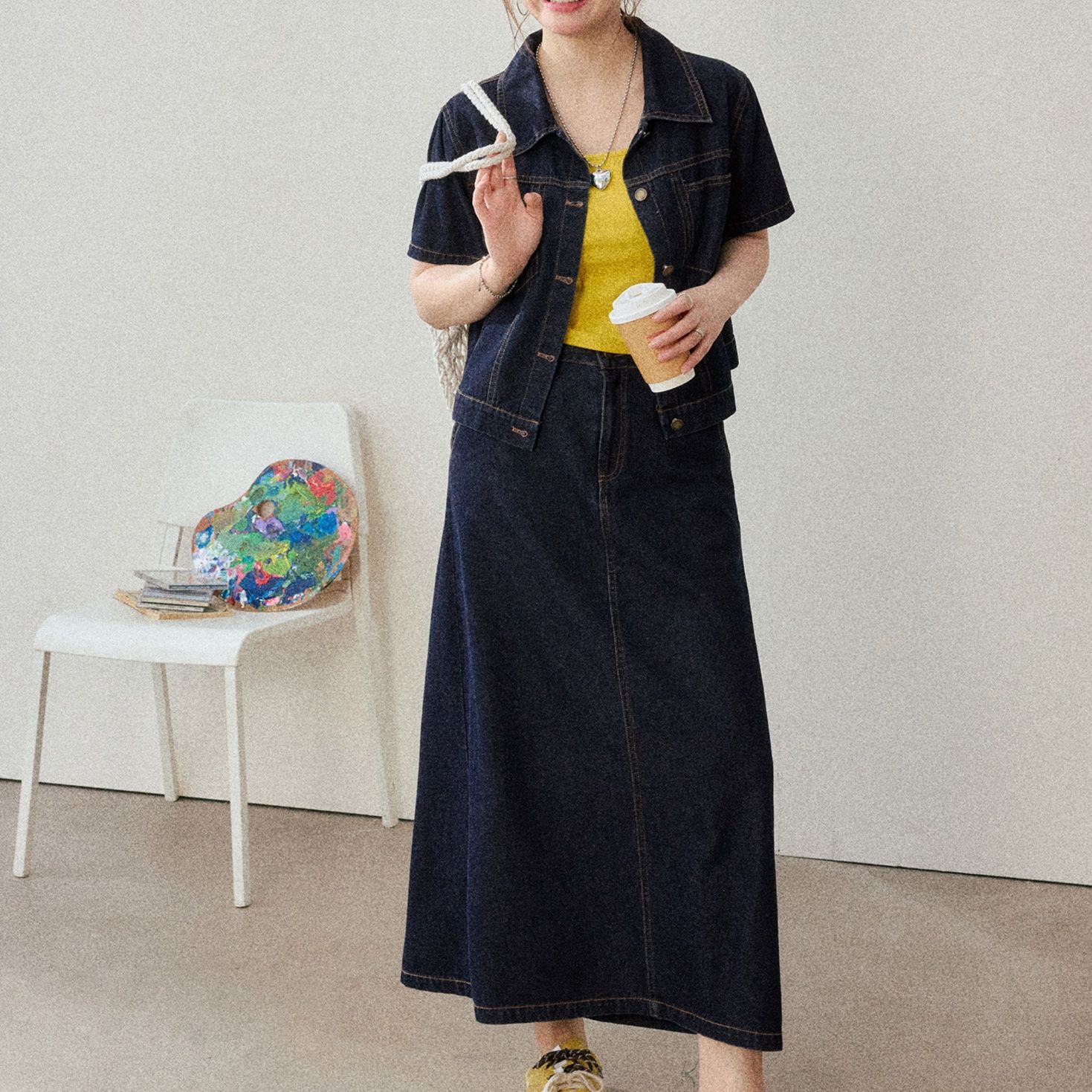 デニムセットアップ 半袖ジャケット×ロングスカート