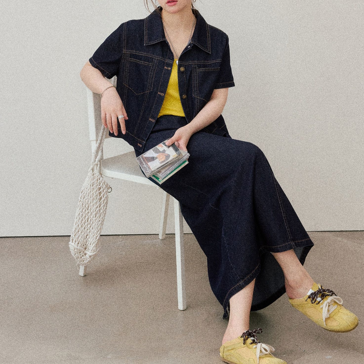 デニムセットアップ 半袖ジャケット×ロングスカート