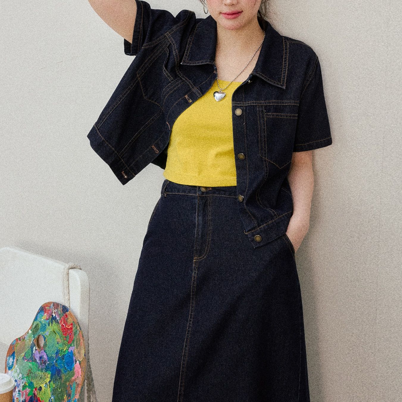 デニムセットアップ 半袖ジャケット×ロングスカート