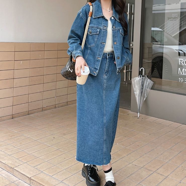デニムセットアップ カジュアルロングスカートセット