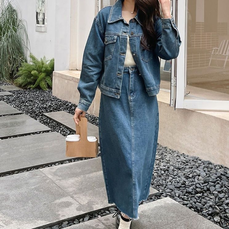 デニムセットアップ カジュアルロングスカートセット