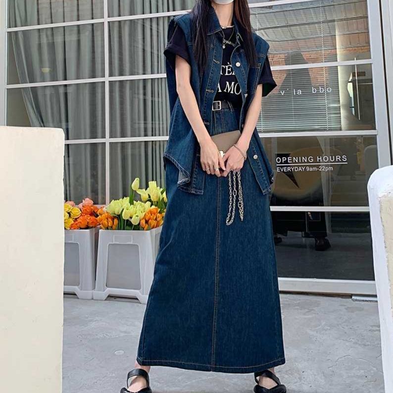 デニムセットアップ クラシカルデニムベストとロングスカート