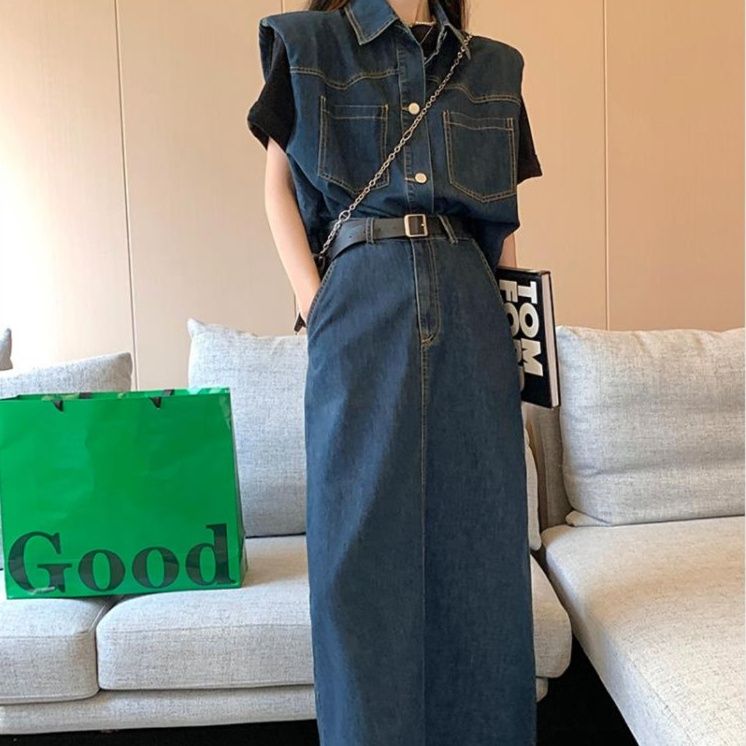 デニムセットアップ クラシカルデニムベストとロングスカート