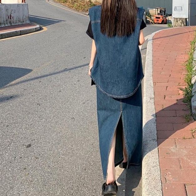 デニムセットアップ クラシカルデニムベストとロングスカート