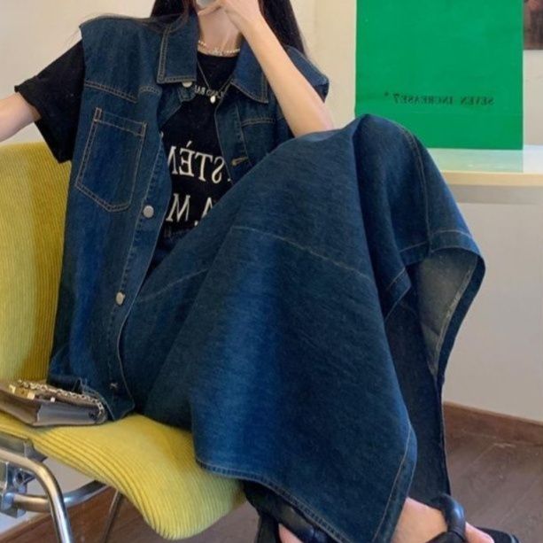 デニムセットアップ クラシカルデニムベストとロングスカート