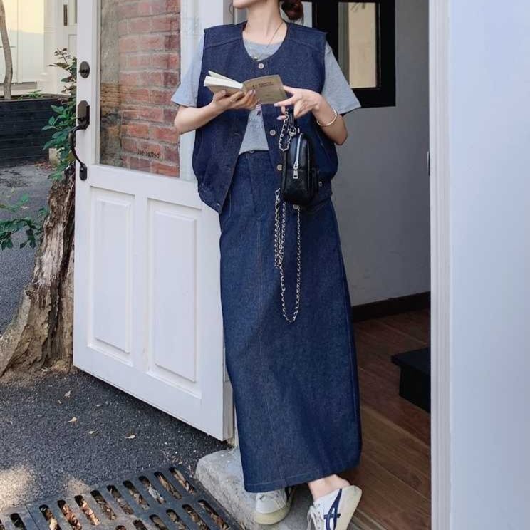 デニムセットアップ ベスト付きロングスカートセット
