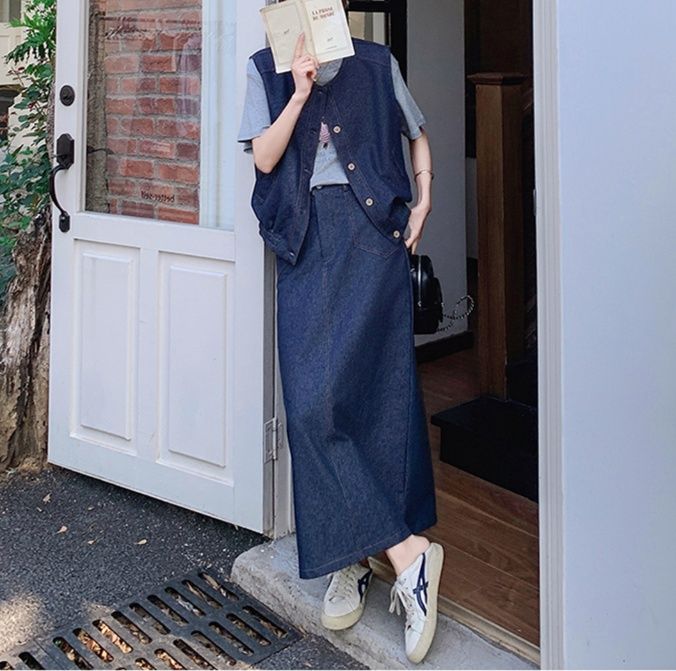 デニムセットアップ ベスト付きロングスカートセット