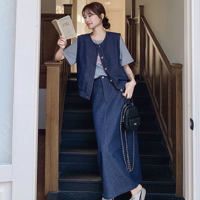 デニムセットアップ ベスト付きロングスカートセット