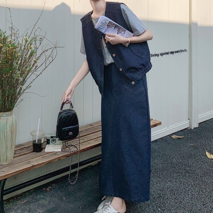 デニムセットアップ ベスト付きロングスカートセット