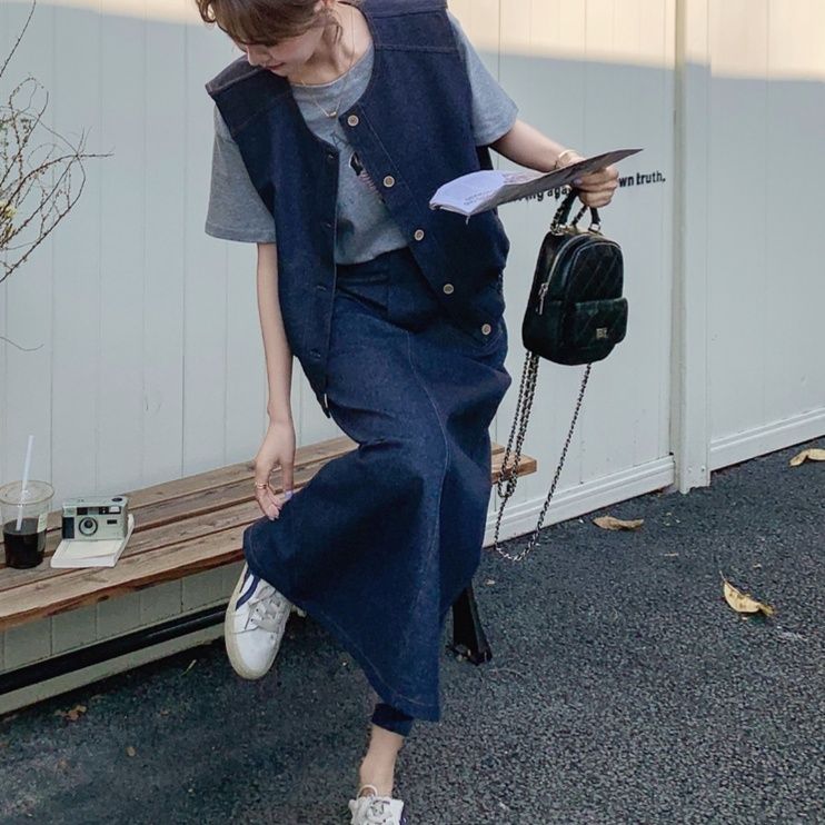 デニムセットアップ ベスト付きロングスカートセット