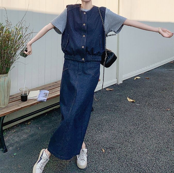 デニムセットアップ ベスト付きロングスカートセット