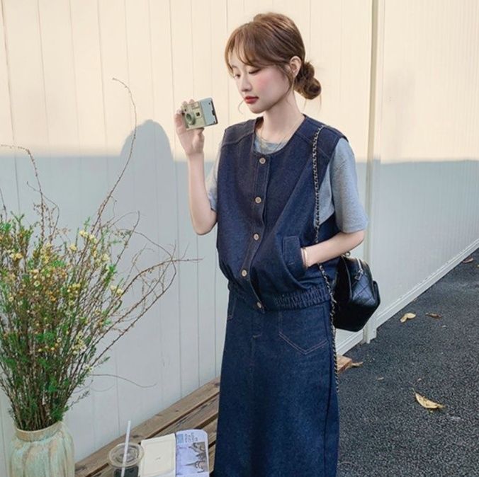 デニムセットアップ ベスト付きロングスカートセット