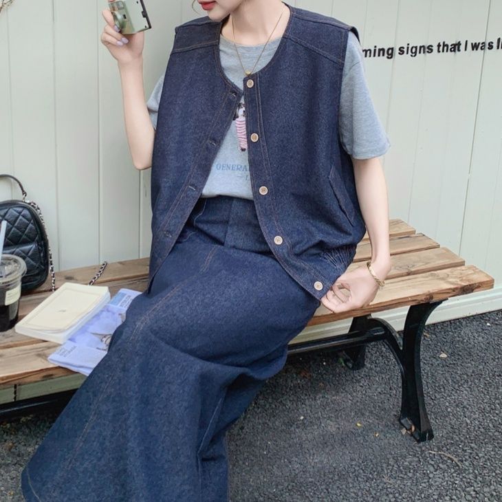 デニムセットアップ ベスト付きロングスカートセット