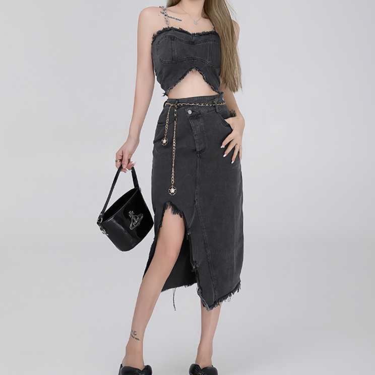 デニムセットアップ 裾フリンジキャミセットアップ