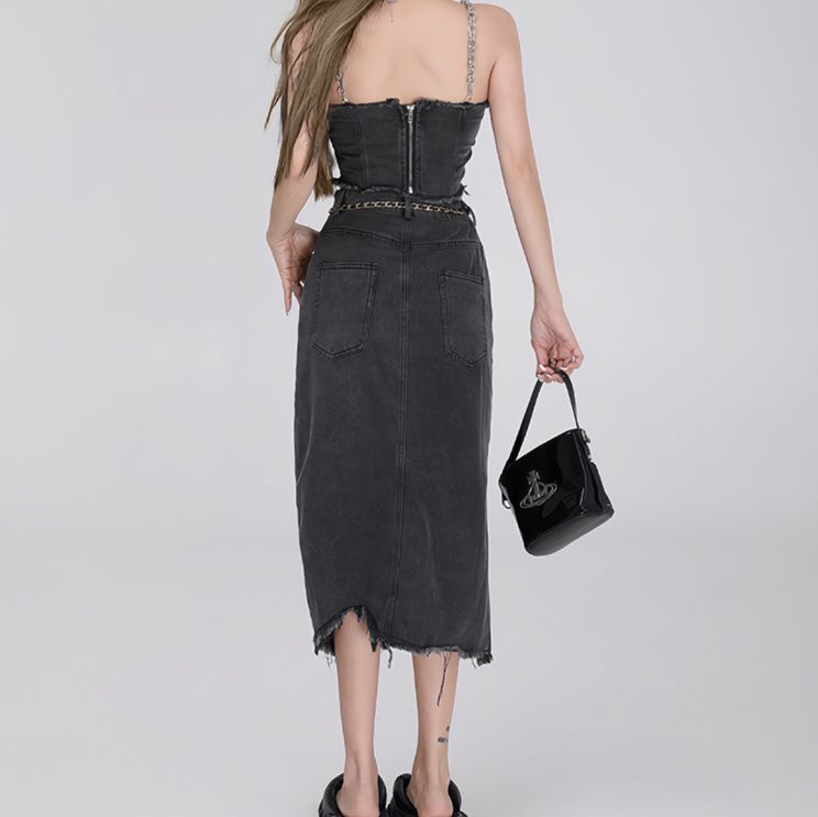 デニムセットアップ 裾フリンジキャミセットアップ